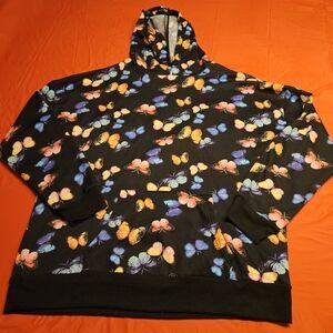 Butterfly Print Hoodie Size Large Like New Black w/Colorful Butterflies